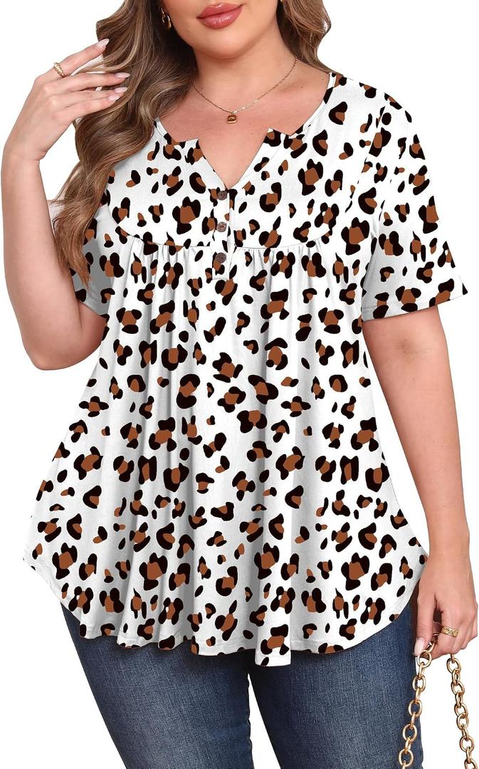 Gocolloa Womens Plus Size Tops Tunic Short Sleeve V Neck Floral Print Shirts Summer Casual Loose Blouse (White)