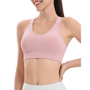 LIIJOO Seamless Wireless Compression Racerback Crossback Bra, Adjustable Widened Strap, Breathable Stretch Shaping Hem, Full-Coverage Workout Yoga Running BralettePink, XL Size (XL)