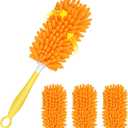 SetSail Dusters for Cleaning Compatible with Swiffer Small Microfiber Duster Refills 4pcs Reusable Duster Refill with 1 Handle Washable Duster Cleaner Kit for Furniture, Car Interior, Blind (Orange)