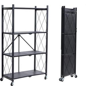 BRIAN & DANY 4-Tier Foldable Storage Shelves with Wheels, Folding Metal Rack Shelving Unit, Heavy Duty No Assembly Organizer Shelf for Garage, Kitchen, Basement, Pantry, Black