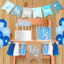 1/2 Birthday Boy Half Birthday Decorations 4PCS Blue 6 Month Party Set with 1/2 Way to One Banner, Halfway High Chair Banner, Cake Topper and Hat for 6 Month Baby Boy Photo Shoot Decor