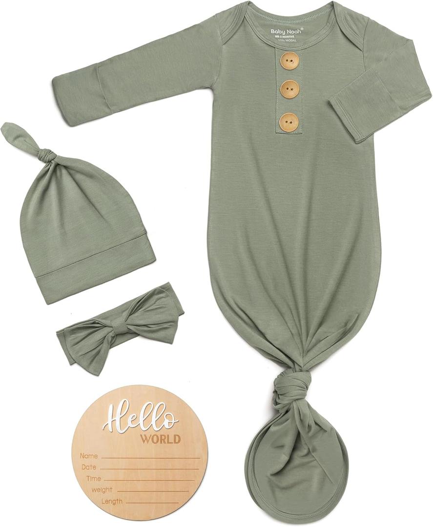 Soft Baby Knot Gown 0-3 Months, Newborn Announcement Sleepers With Mitten Cuffs and Personalized Wooden Name Tag (Armygreen)
