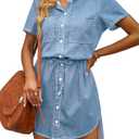 luvamia Women Casual Denim Dress Short Sleeve Tie Waist Classic Jean Shirt Dress XS 