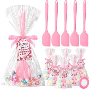 12 Set Valentine's Day Spatula Gifts Bulk DIY Set Pink Silicone Spatula for Kitchen Neighbors Baking with Ribbon Greeting Cards and Plastic Bags for Cooking Gifts(Valentine's Day,Pink)