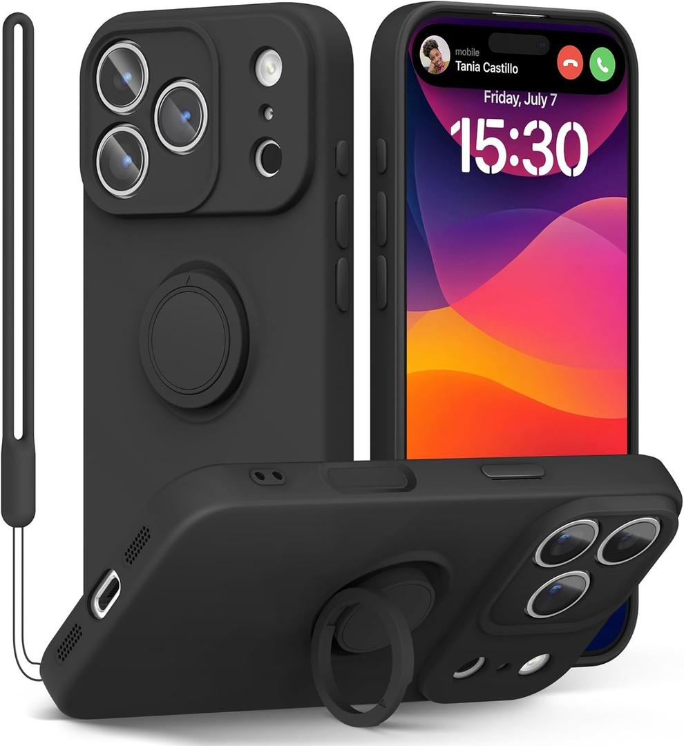 pcgaga Compatible with iPhone 17 Pro Case 6.3 inch, Silicone Slim Design with [Ring Holder Stand] [Wrist Strap] [Microfiber Lining] Shockproof Protective Case Cover for iPhone 17 Pro, Black
