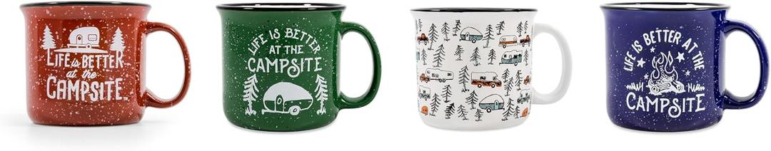 Camco Life is Better at The Campsite Ceramic Coffee Mug 4-Pack - Microwave and Dishwasher Safe - Features Camping & RVing Designs - Coffee Cups Holds 14oz. (53357), One Size
