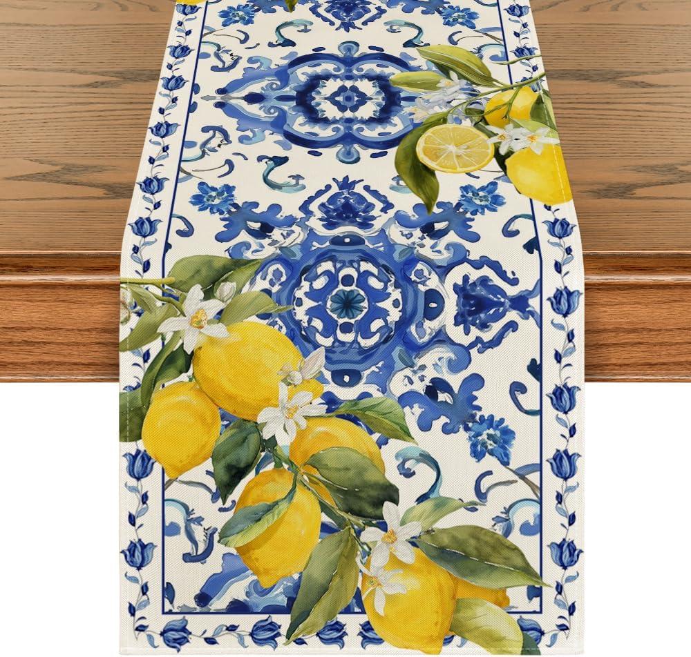 Artoid Mode Lemon Blue and White Porcelain 210 GSM Summer Table Runner, Seasonal Spring Kitchen Dining Table Decoration for Home Party Decor 13x90 Inch