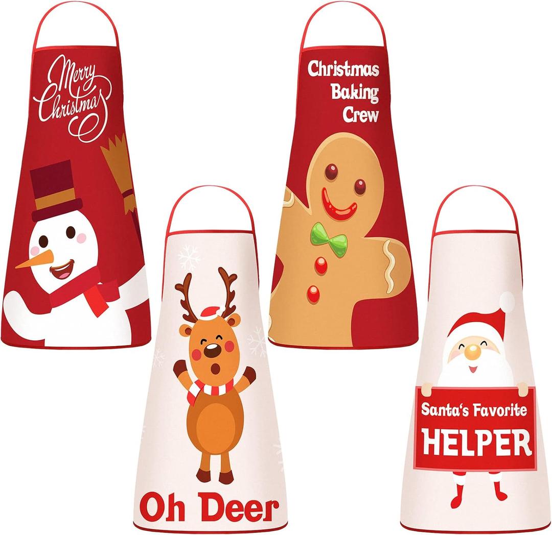 4 Pieces Kids Christmas Apron Cute Children Chef Apron Adjustable Kids Aprons for Girls Boys Toddler Snowman Deer Gingerbread Santa Apron for Kitchen Cooking Baking Crafting Painting Party Supplies