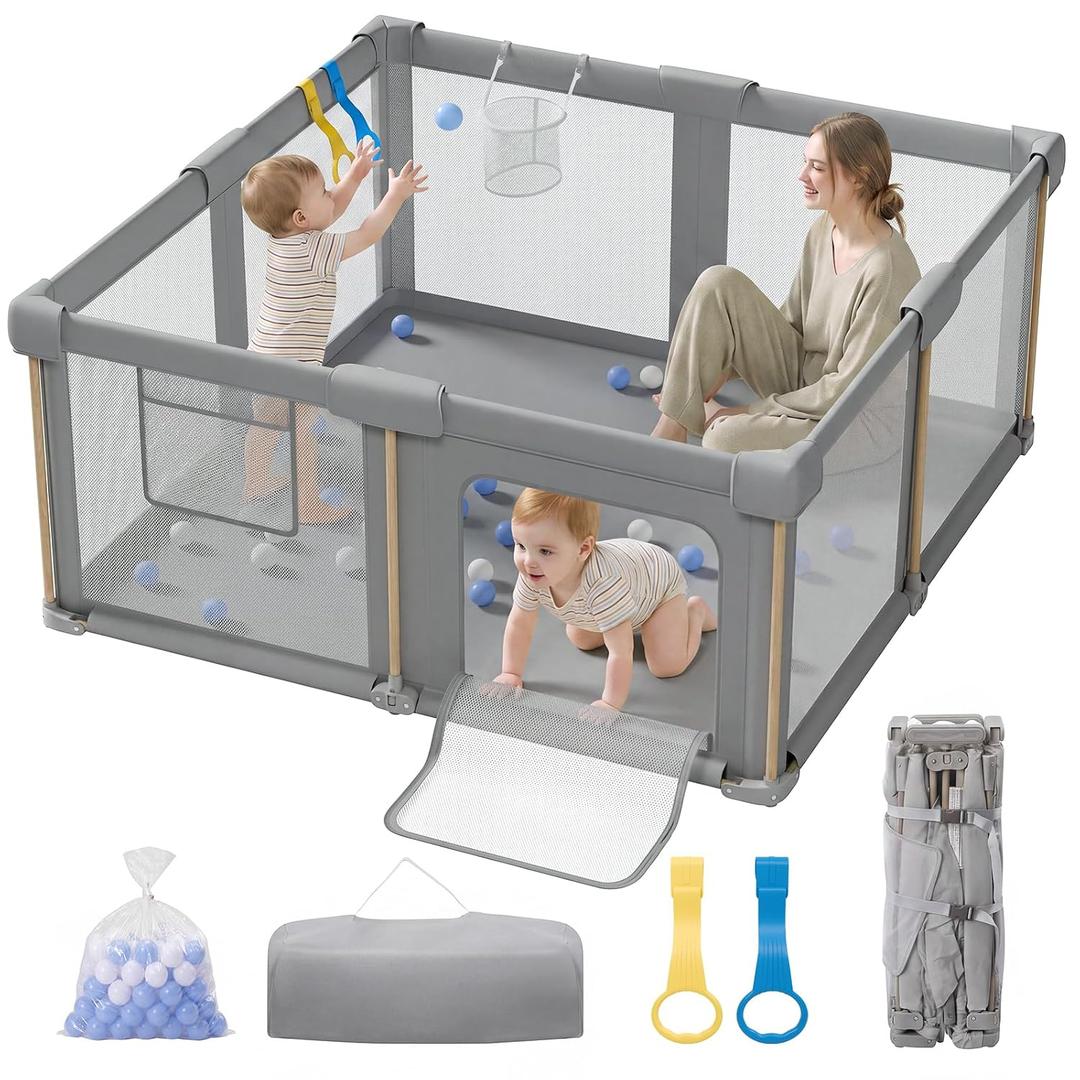 Foldable Baby Playpen, 59 x 59 Collapsible Play Pen for Babies 6-12 Months