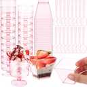 100 Pack Dessert Cups with Spoons 2oz Clear Plastic Dessert Parfait Cup Mini Square Shot Glasses Round Goblet Shooters Plastic Spoons for Fruit Ice Cream Cake Party Supplies (Pink)
