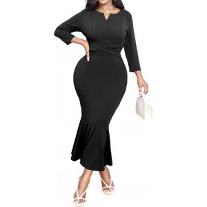 Mermaid Style Dress for Women Sexy Fishtail Dress Cocktail Wedding Guest Dress Wear to Work Dresses Business Church Outfits (XX-Large, Black/3/4 Sleeve)