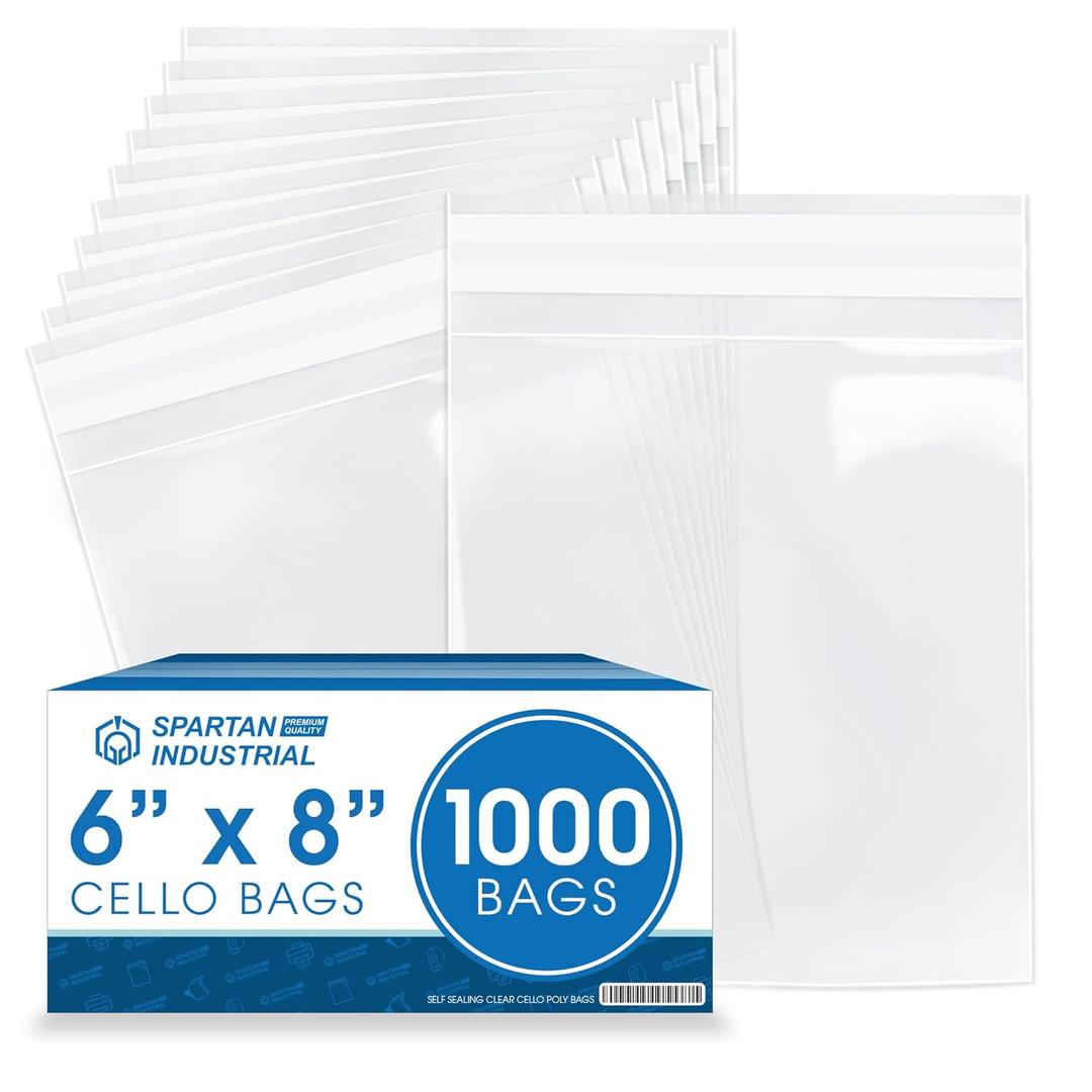 6" X 8" Self-Sealing Cellophane Bags (1000 Count) Clear Resealable Cello Bags for Cards, Photos, Cookies, Retail Packaging - Spartan Industrial