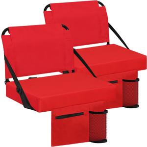 Stadium Seat for Bleachers with Back Support and Wide Padded Cushion Stadium Chair - Includes Shoulder Strap and Cup Holder (Red,2 Pack)