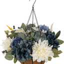 Hollyone 13" Fall Hanging Baskets Medium Pumpkins Hydrangea Dahlia Artificial Flowers Fall Hanging Decor Fake Flower Blue White Faux Plants Indoor Outdoor Porch Garden Autumn Decorations for Home