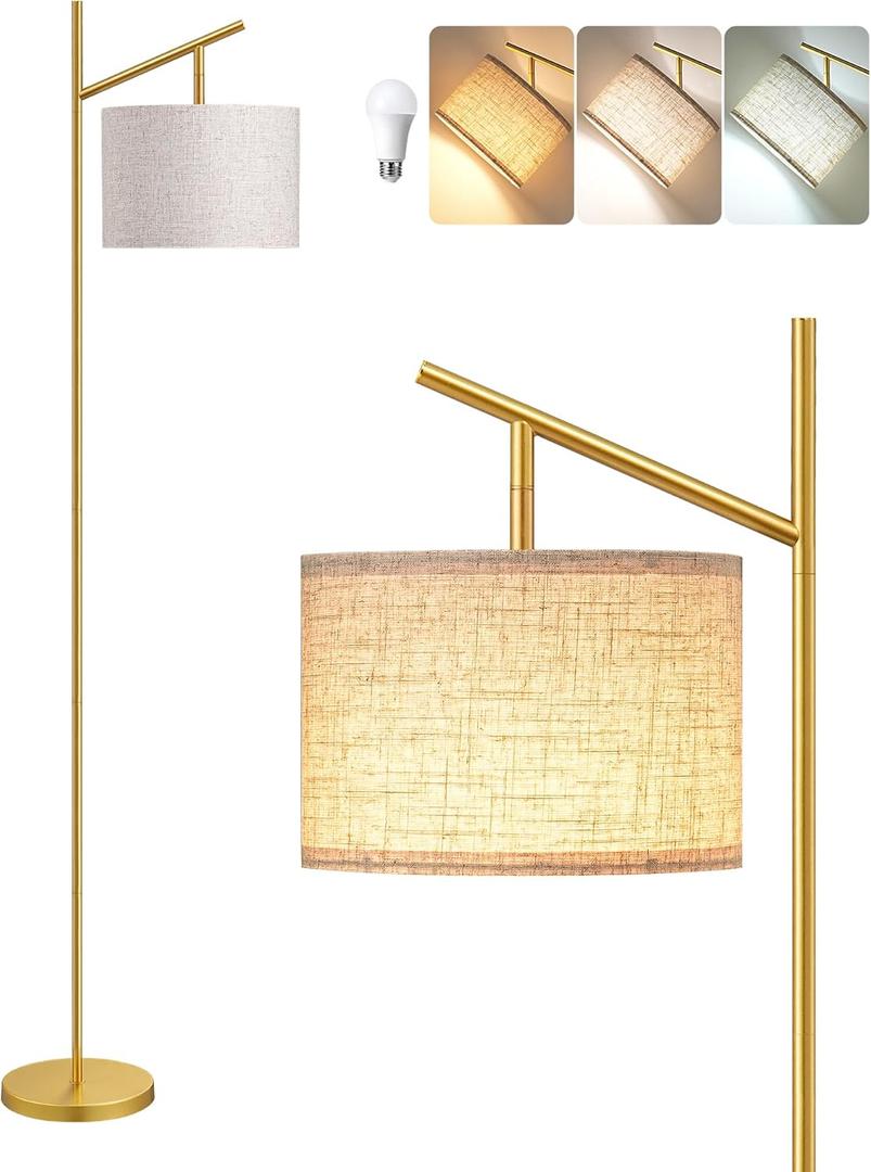 EDISHINE 64.7" Modern Minimalist Floor Lamps for Living Room with 3 Color Temperatures Bulb & Adjustable Linen Shade, Foot Pedal Switch, Tall Standing Lamp for Bedroom Office, Gold