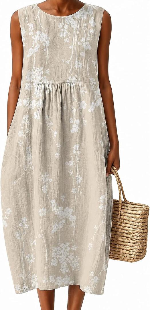 LOVESHOOT Womens Midi Dresses Summer Casual Sleeveless Crew Neck Floral A Line Sundress Boho Flowy Loose Dress (L)
