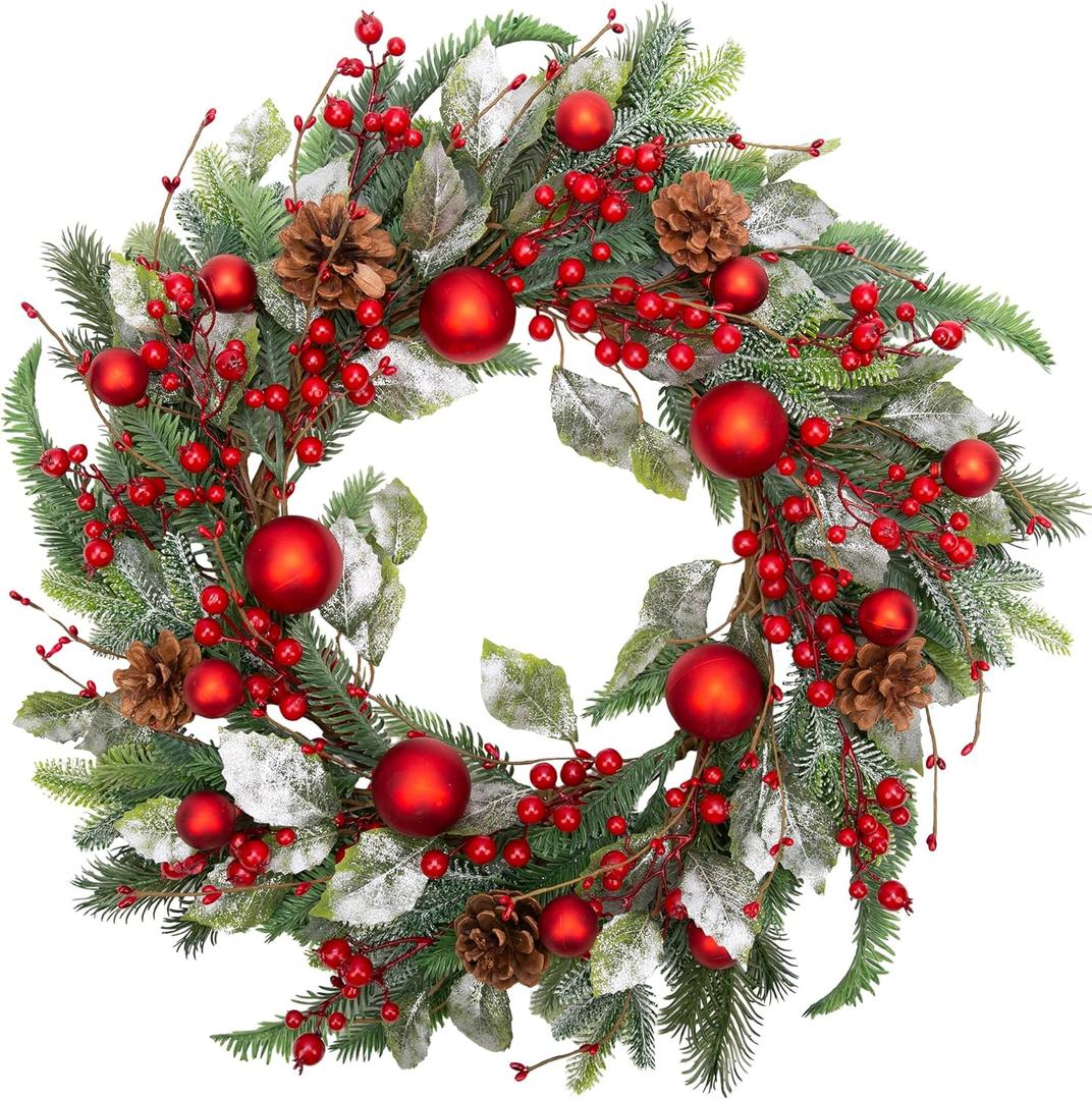 20 Inch Christmas Wreath for Front Door Artificial Winter Wreath for Christmas Decor Xmas Wreath with Christmas Balls Pine Needles Pine Cone for Wall Window Holiday Decorations