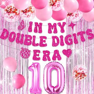 10th Birthday Decorations Pink In My Double Digits Era Banner Double Digits Birthday Happy 10th Birthday Decorations for Number 10 Balloon Girls Boys Double Digits Party Supplies