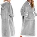 Giggling Getup Wearable Blanket Hoodie for Women Men Gifts for Women Mom Sherpa Fleece Long Hooded Blanket Sweatshirt Cozy Sherpa Wearable Throw with Pocket & Sleeves for Adult Oversize Grey
