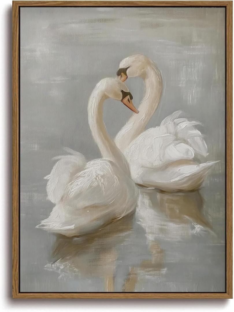 KISSFOX Framed Wall Art Vintage Wall Decor Swan Pictures Rustic Animal Canvas Art Retro Paintings Peaceful Aesthetic Artwork For Bedroom Living Room Kitchen, 24"L x 16"W