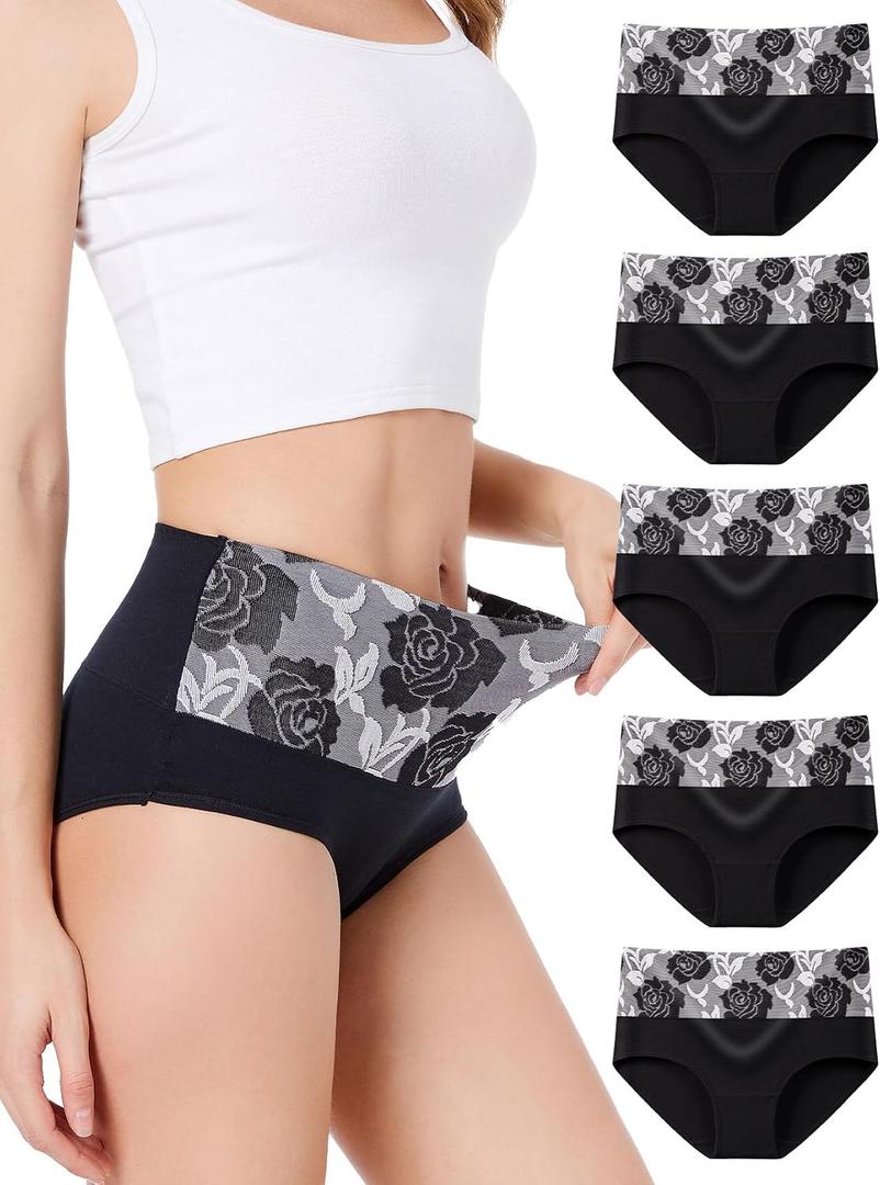 HAVVIS Women's Briefs Underwear Cotton High Waist Tummy Control Panties Rose Jacquard Ladies Panty Multipack (Brief 04-5 Pack - Black, Medium)