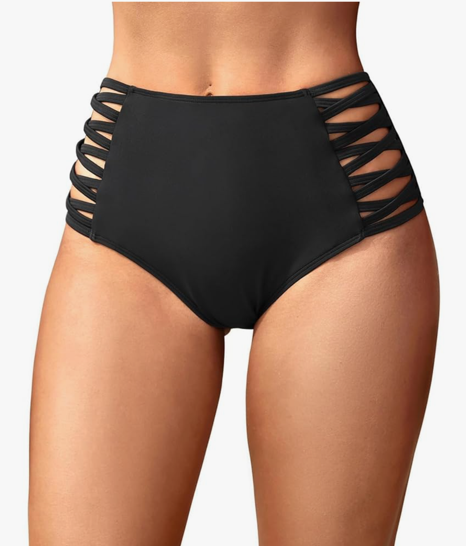 Women High Waisted Bikini Bottoms Tummy Control Swimsuit Bottoms Strappy Swim Bottom L