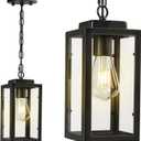 Outdoor Pendant Light, 11" Porch lights Outdoor Chandelier Hanging Ceiling Lights, Black Aluminum Lightshade with Tempered Glass, Exterior Lighting Fixture for Porch Yard Gazebo, 1 Pack, No Sensor