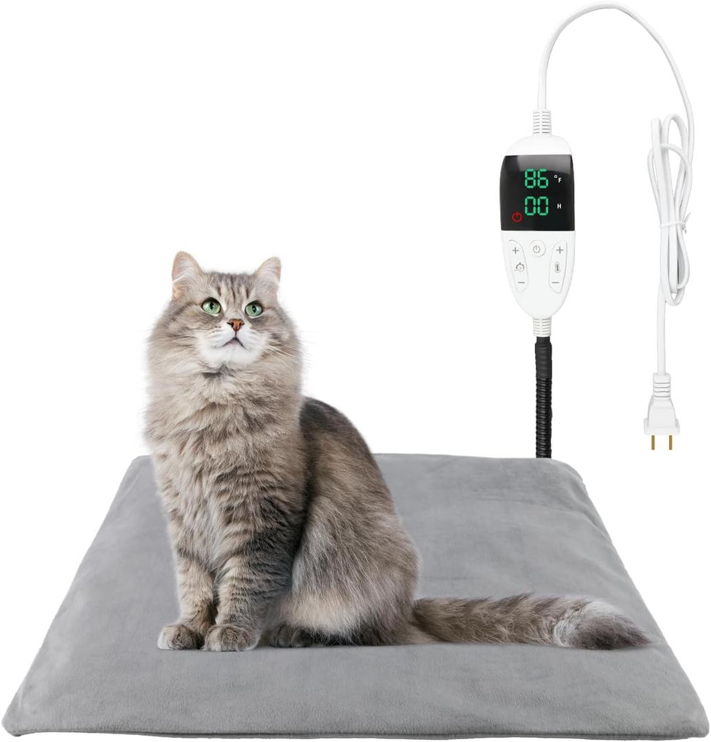 Pet Heating Pad for Dogs and Cats with Temperature Adjustment and Timer, Indoor Outdoor Heated Bed with Overheating Protection for Cat Dog House (16" x 20")