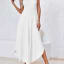 Fisoew Womens Summer Sleeveless Maxi Dress Asymmetrical Hem Crew Neck High Waist A Line Flowy Casual Long Beach Dress (White, M)