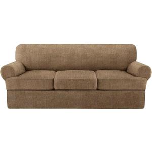 4 Piece T Cushion Sofa Slipcovers Stretch Couch Cover Furniture Covers with 3 Individual T Cushion Covers, Machine Washable for Living Room (Brown, 3 Cushions)