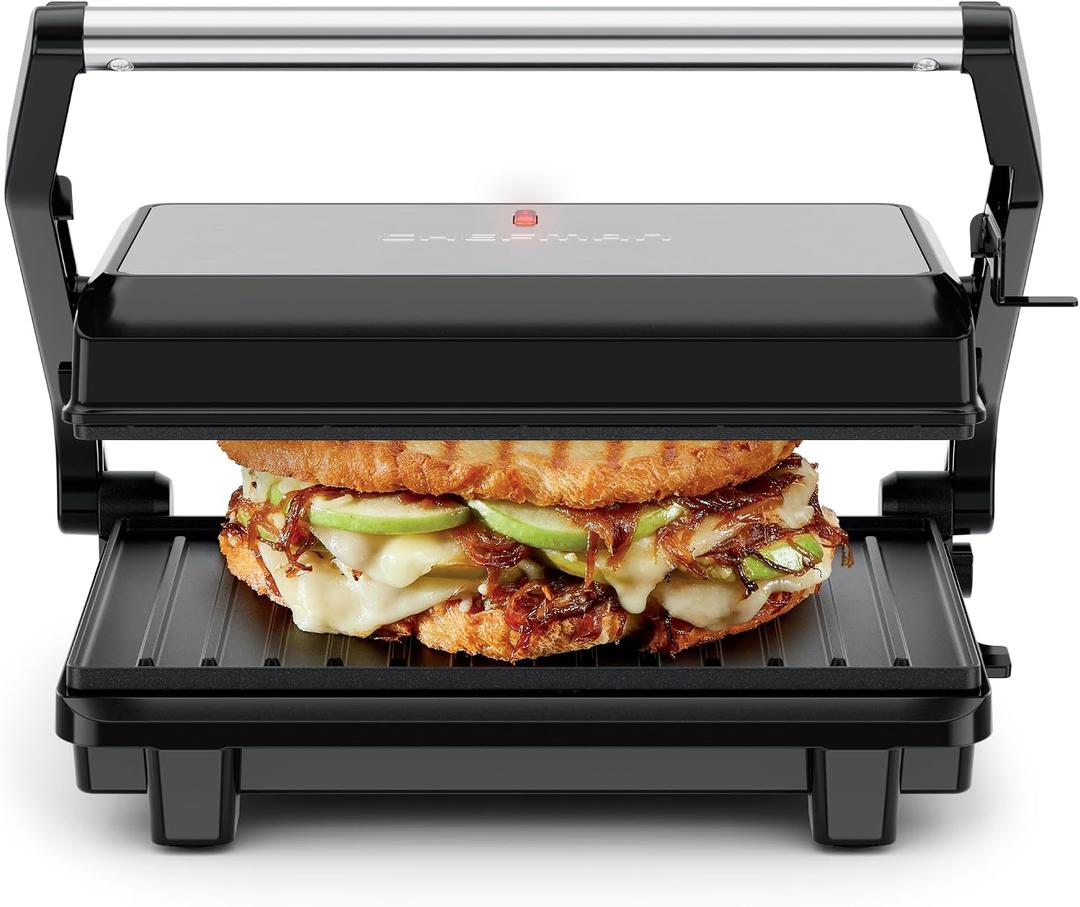 Chefman Panini Press, Indoor Grill and Gourmet Sandwich Maker, Nonstick Plates Open 180 Degrees, Floating Hinge for Thick Bread and Rolls, Stainless-Steel Finish with LED Indicators, 2 Slice - Black