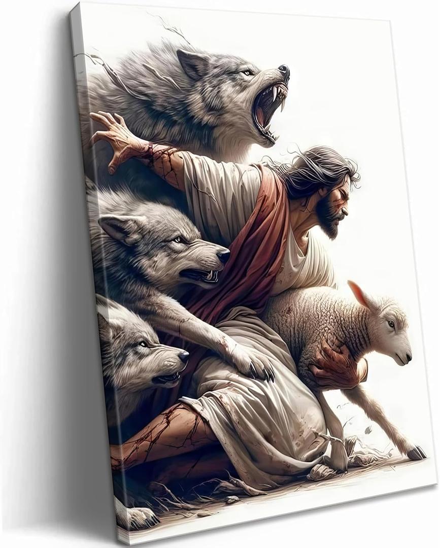 MALEDO Jesus and Lamb Canvas Wall Art Jesus Saves the Lost Sheep Christian Picture Wall Decor Shepherd Protect a Lamb from Wolves Painting Poster Print Artwork for Living Room Bedroom Church Decor (24L''x16W'')