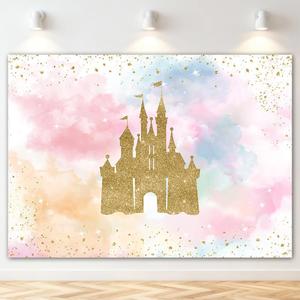 Mocsicka Princess Castle Birthday Backdrop Watercolor Pastel Rainbow Birthday Background Gold Glitter Royal Party Cake Table Decoration Photo Booth Props (7x5ft)