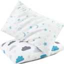 TILLYOU Toddler Pillowcase 2 Pack with Envelope Closure,Silky Soft Microfiber 13" x 18" Kids Travel Pillow Cases,Blue Clouds & Blue Stars
