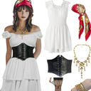 Pirate Costume Women Sexy Womens Pirate Romper Dress Outfit with Bandana Corset Accessories 6PCS, S Size