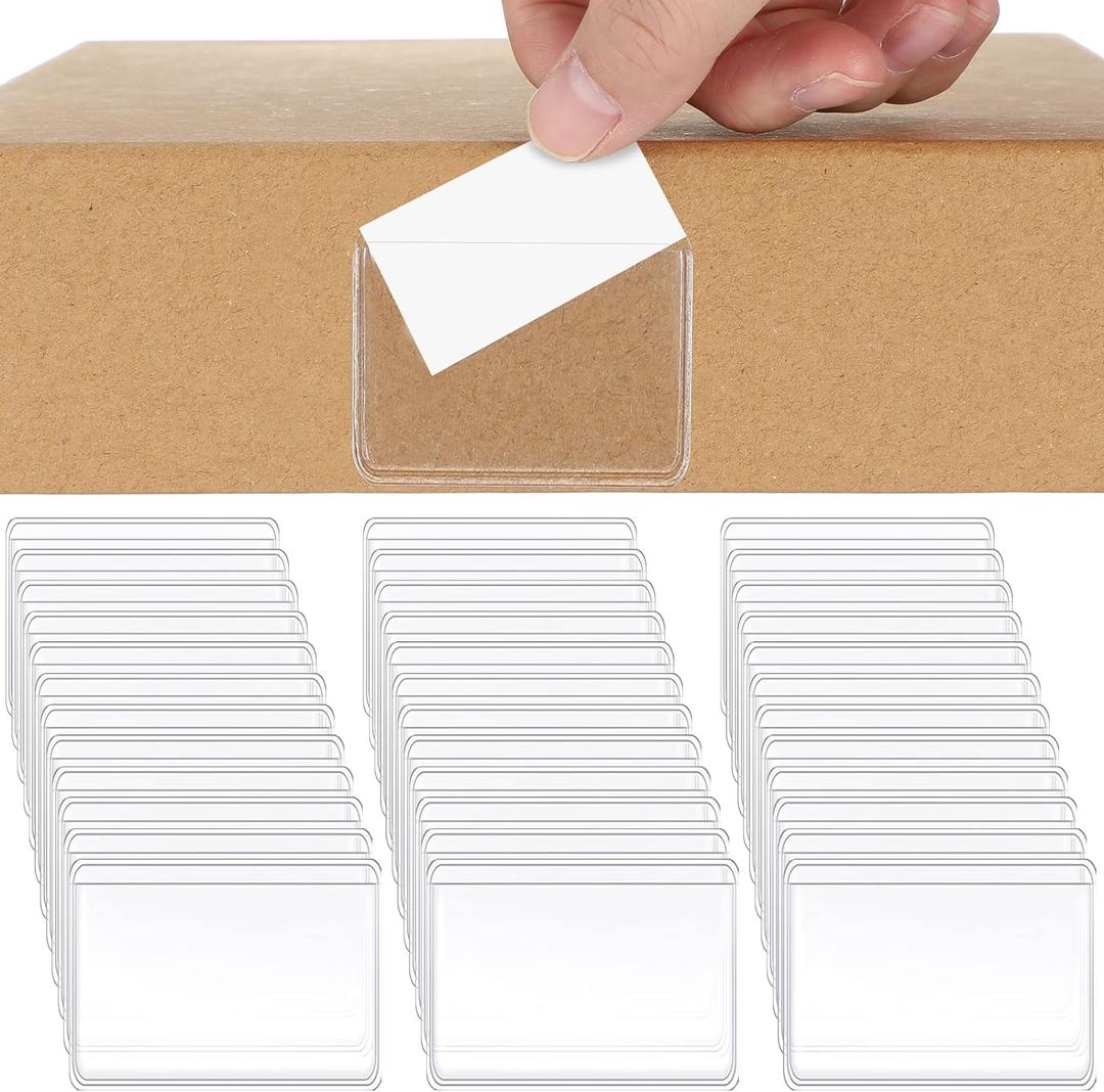 Jeyiour 100 Pcs Label Holders Adhesive Label Pockets Mailbox Tag Shelf Plastic Peel Stick Tag Clear Long Side Open Price Sign for Supermarket Bookshelf Library Business Student (2.4 x 1.6 Inch)