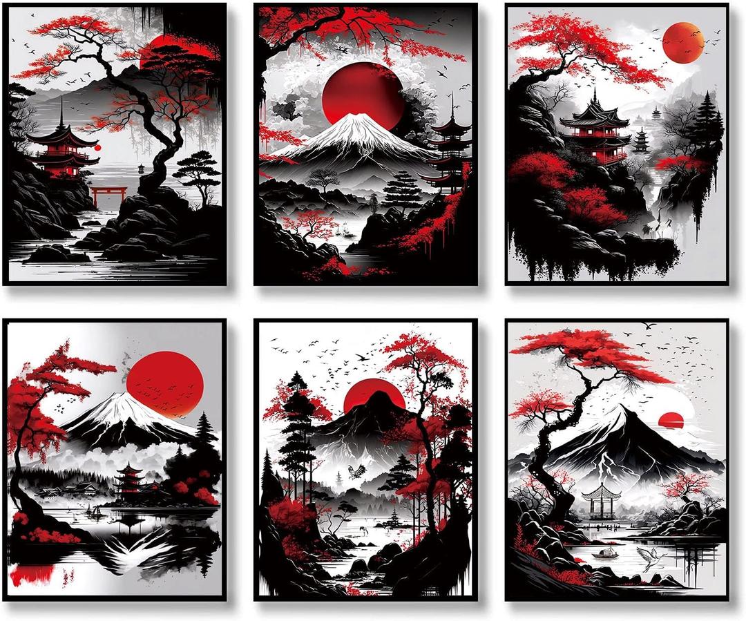 Japanese Wall Art Prints,Japanese Landscape Art Posters,Red and Black Cherry Blossom Trees Picture Art Painting,Asian Nature Landscape Print for Living Room Bedroom Wall Decor,Set of 6(8"x10"Unframed