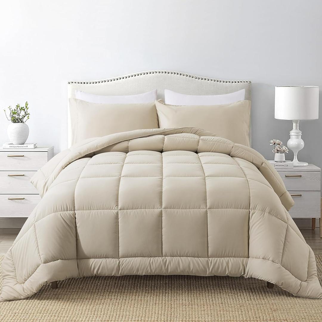 DOWNCOOL Queen Comforter Set -All Season Bedding Comforters Sets with 2 Pillow Cases-3 Pieces Bedding Sets Queen -Down Alternative Beige Queen Size Comforter Sets(88"x90")