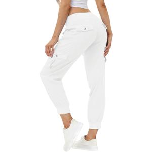MoFiz Women's Lightweight Hiking Cargo Pants Outdoor Quick Dry Casual Travel Sweatpants Joggers Elastic Waist Button Pockets (White, XL)