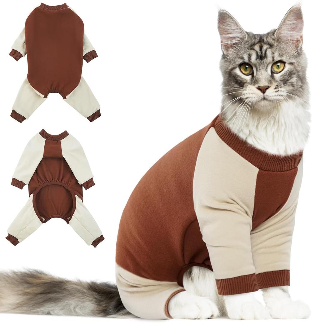 DENTRUN Cat Recovery Suit, Kitten Hair Sticky Onesie, Surgical Cone Alternative Shirts for Female Male Cat Recovery After Surgery, Cat Hair Spreading Prevent Clothes Pajama Apparel for Cats Only (Large, Brown)