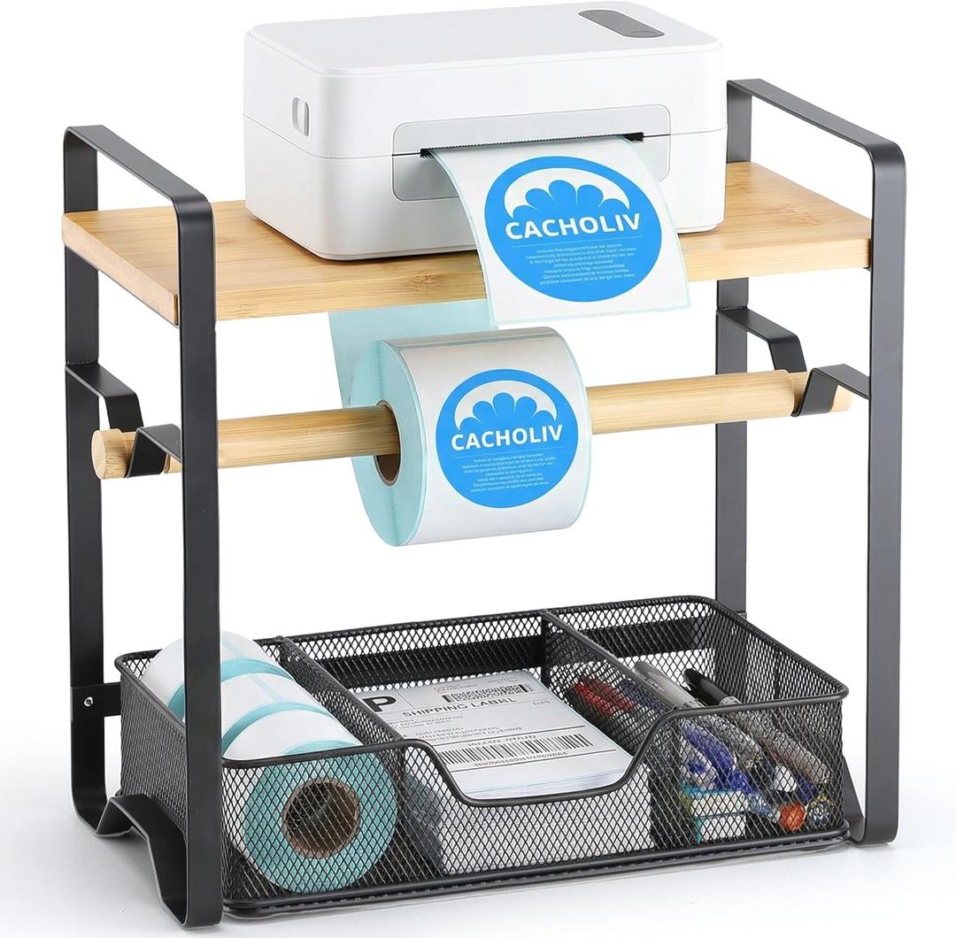 Label Holder for Thermal Printer - Sticker Roll Dispenser with Drawer - Shipping Lable Holder for Rolls and FanFold Labels - Thermal Printer Stand for Home, Office, Small Business (Bamboo-Black)