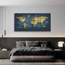 World Map Wall Art Canvas Print, Vintage Gold Cracked Texture Map of the World Poster, Abstract Navy Blue Ocean Geography Art for Living Room Office Decor, Large Horizontal Map Framed 29"x58"