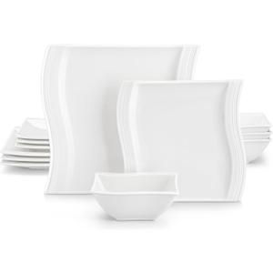 MALACASA Ivory White Dinnerware Set, 12 Pieces - Porcelain Dinner Plates, Dessert Plates and Bowls, Square Flora Pattern (12 Piece(Service for 4))