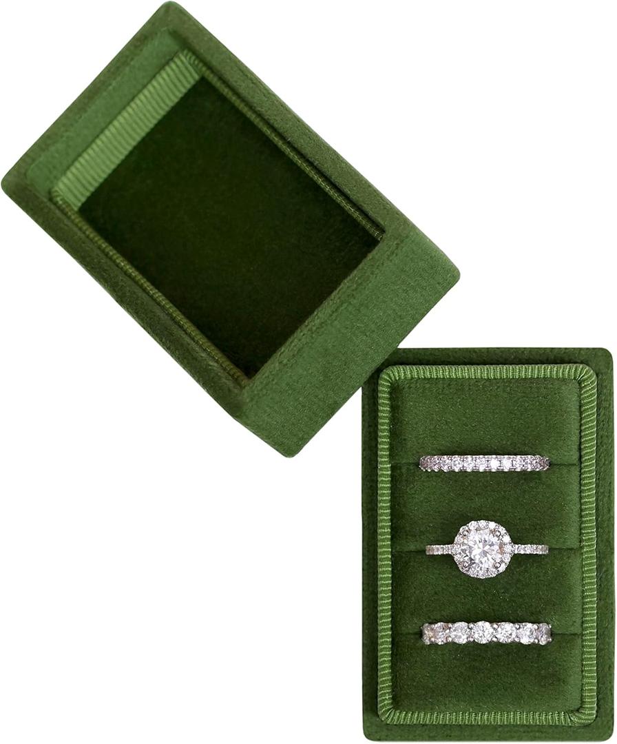 BLUTETE Rectangle 3 Slots Italian Velvet Jewelry Box Engagement Wedding Photo Ring Box Keepsake Box Triple Ring Gift Box (Olive Green)