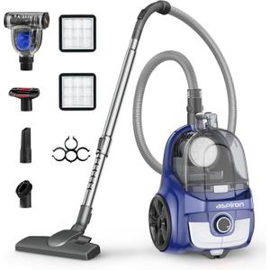 Aspiron Canister Vacuum, Upgraded 1600W Bagless Canister Vacuum Cleaner, Auto Cord Rewind, H13 HEPA Filter, 4Qt Large Capacity, 5 Tools for Hard Floors, Carpet, Pet, Upholstery, Tiles, Azure
