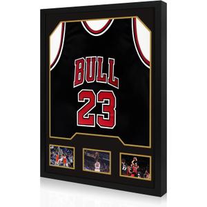 Jersey Frame Display Case 1 Pack, Large Wooden Sport Jersey Shadow Box Frame with Mats and Real Tempered Glass Cover for Football Hockey Baseball Basketball Soccer Shirt,Black
