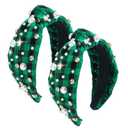2 x Plaid Headband for Women Christmas Pearl Knotted Headband Fashion Elegant Ladies Wide Knot Headbands Headpieces Hair Accessories (2 Pack Green Plaid) (One Size)