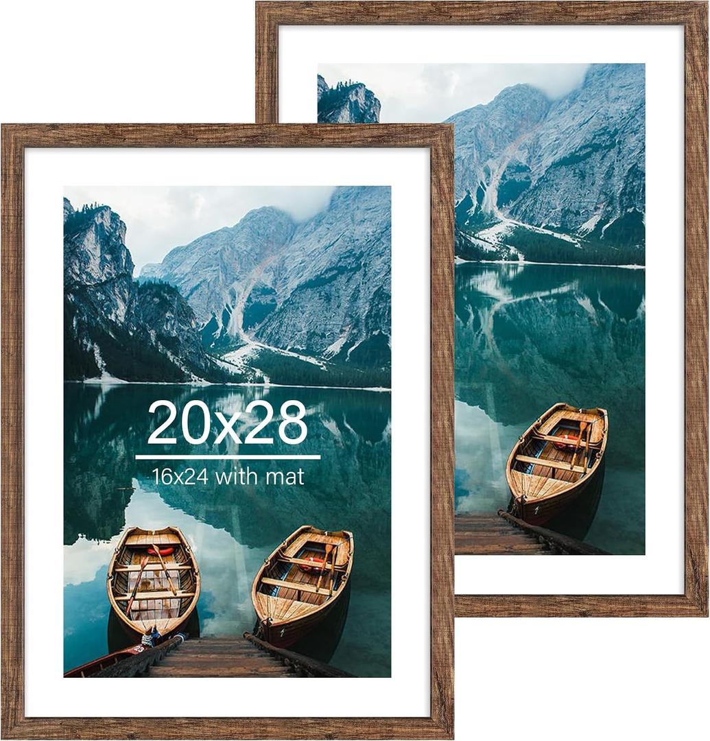 Hongkee 20x28 Picture Frame Set of 2, Rustic Black Wood Style - Display 16x24 Picture with Mat or 20 x 28 Poster without Mat, Wall Mounting Horizontal and Vertical
