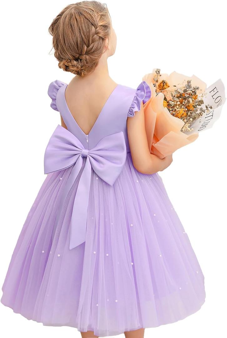 KAQININI Flower Girl Dress Wedding Guest Ruffle Tulle Satin Party Birthday Princess Dresses Pageant Gown Kids Short, 7 Years, Light Purple