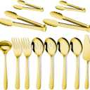 Gisly Gold 12 Pieces Serving Utensils Include Large Serving Spoons,Slotted Serving Spoons,Serving Forks,Serving Tongs,Appetizers Tongs,Soup Ladle and Pie Cake Server for Buffet Catering